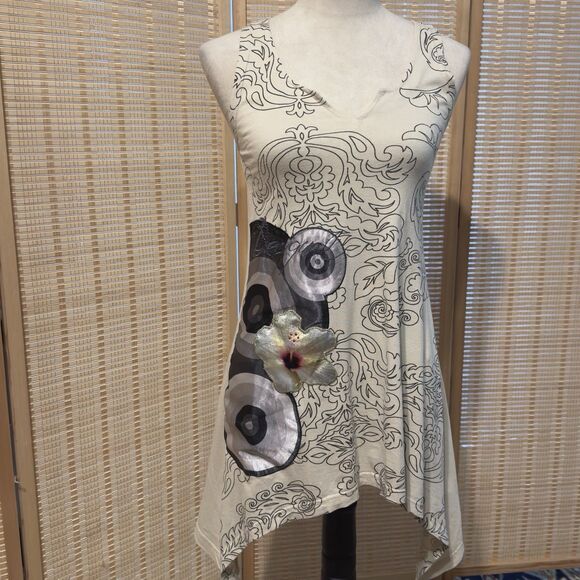 Desigual Kleid Ramen Mini Dress Y2K Sz S Cream Floral Embellished Tunic Tank Top - Picture 1 of 15